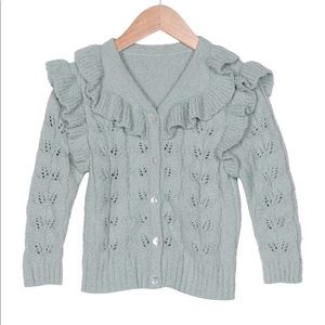 Loveshackfancy Mini Angel Cardigan Sweater Teal with Ruffles and Eyelets XS